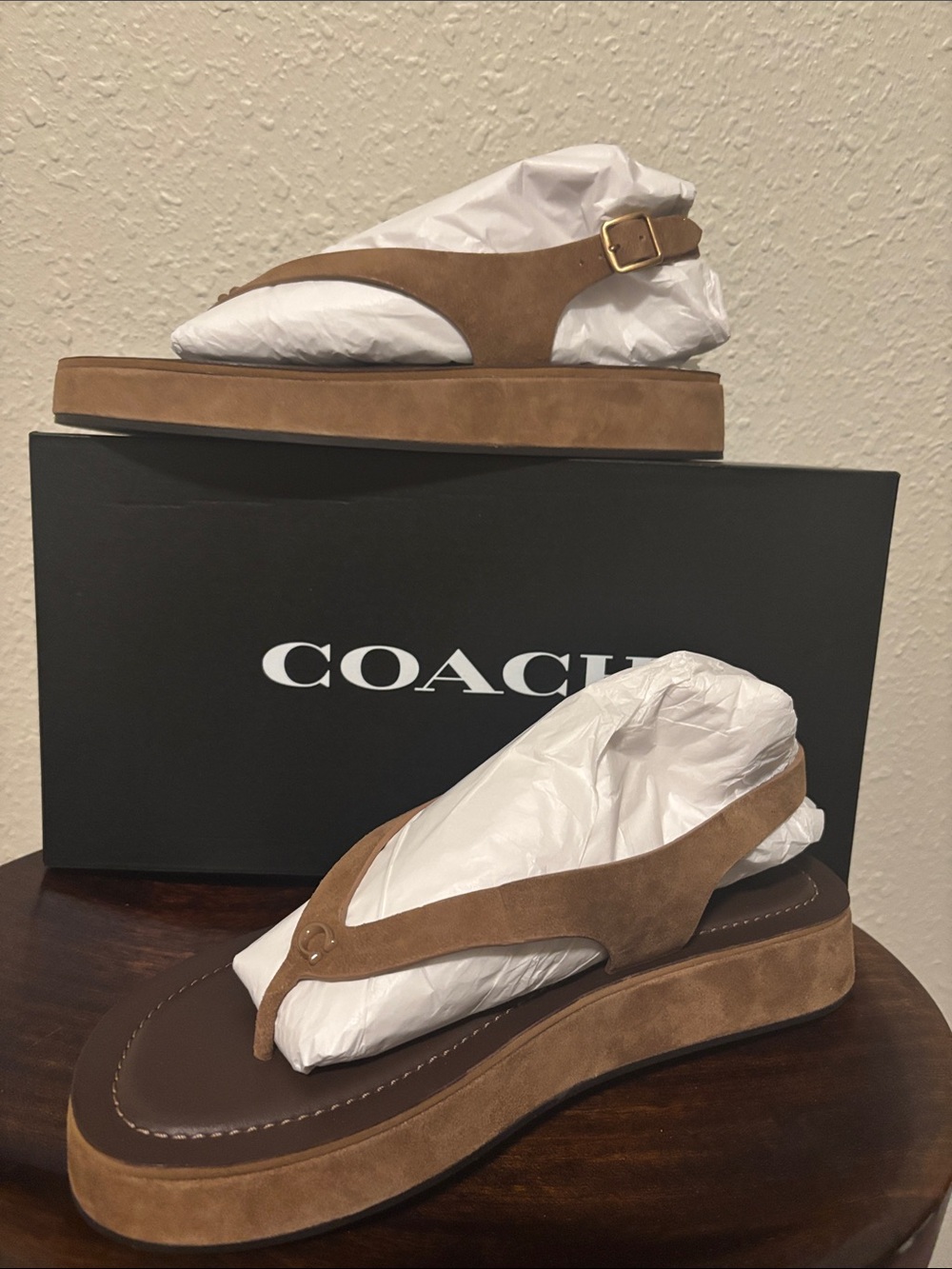 Coach Men's Tan Suede Platform Thong Sandals with Buckle